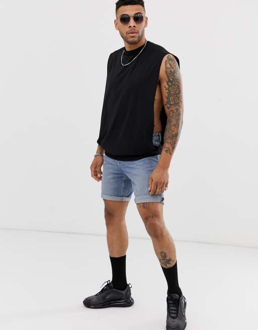 ASOS DESIGN relaxed sleeveless t-shirt with dropped armhole and side split in black, 4 of 4