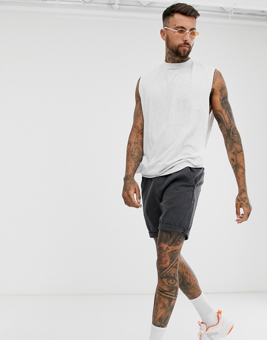 ASOS DESIGN relaxed sleeveless t-shirt with dropped armhole and side split in white marl-Grey