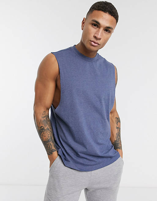 ASOS DESIGN relaxed sleeveless t-shirt with dropped armhole in blue ...