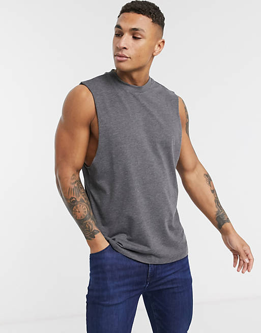 ASOS DESIGN relaxed sleeveless t-shirt with dropped armhole in charcoal ...