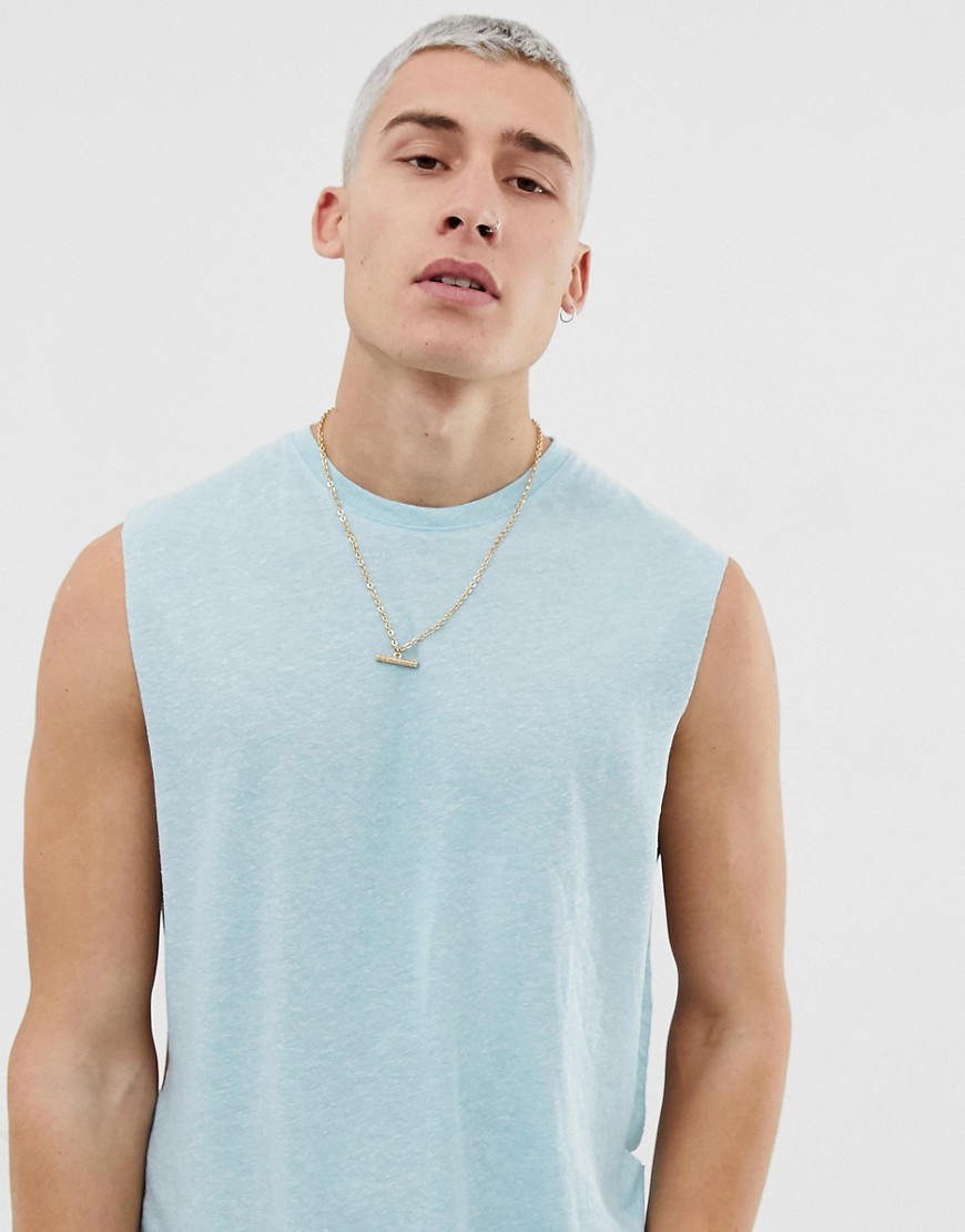 ASOS DESIGN relaxed sleeveless t-shirt with extreme dropped armhole in linen mix in blue