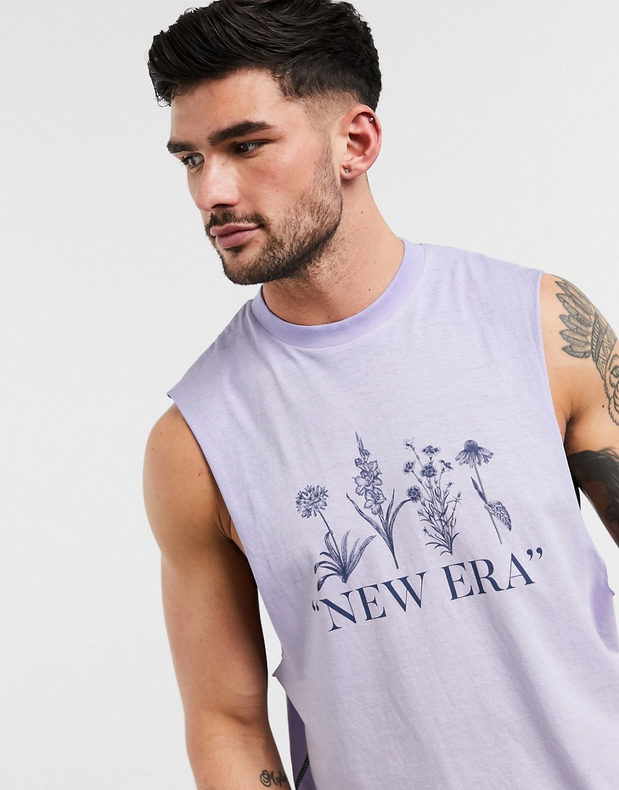 Asos Design Relaxed Sleeveless T-shirt With Floral Print And Raw Edges In Lilac Acid Wash-purple