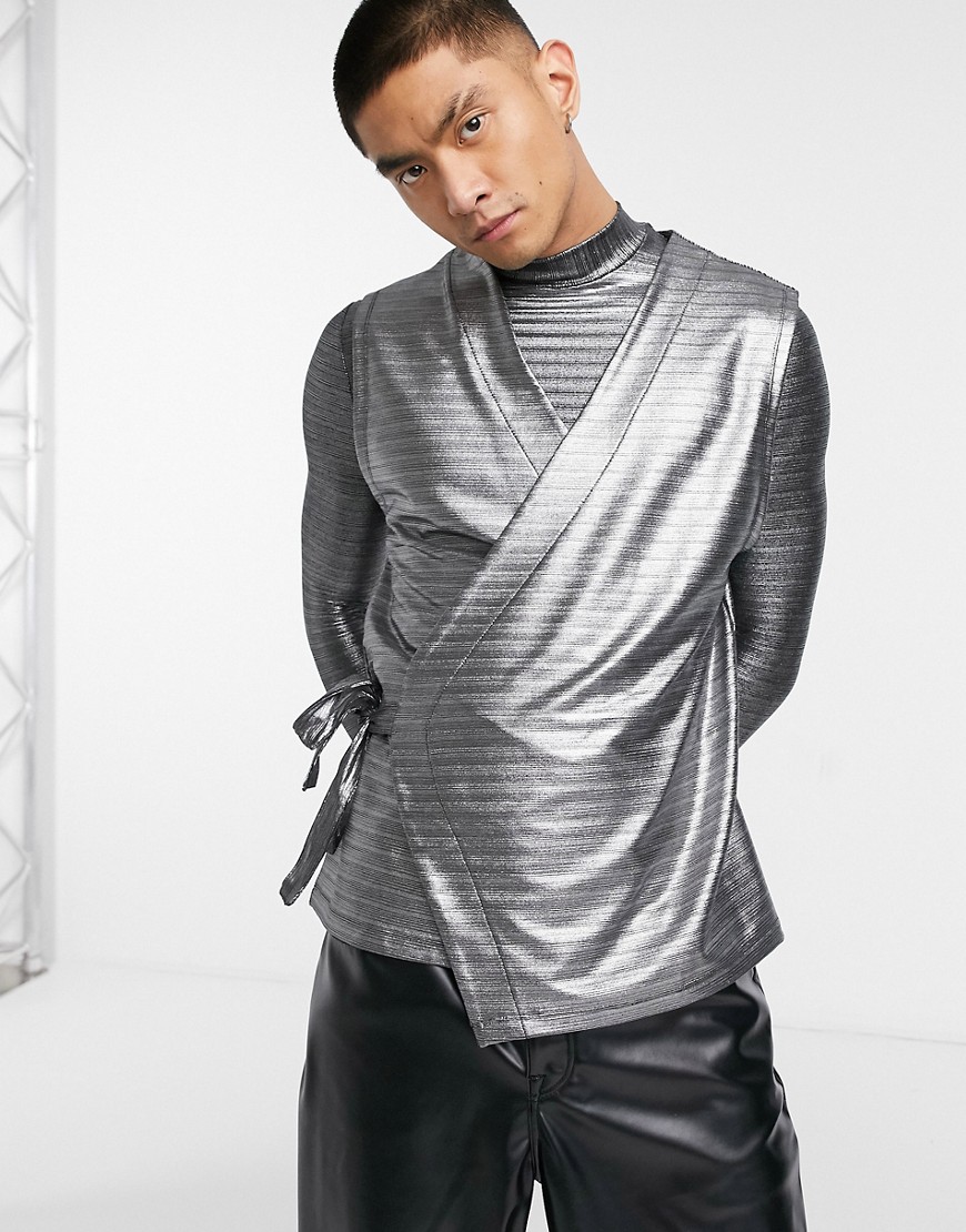 Asos Design Relaxed Sleeveless Wrap In Silver Metallic Fabric