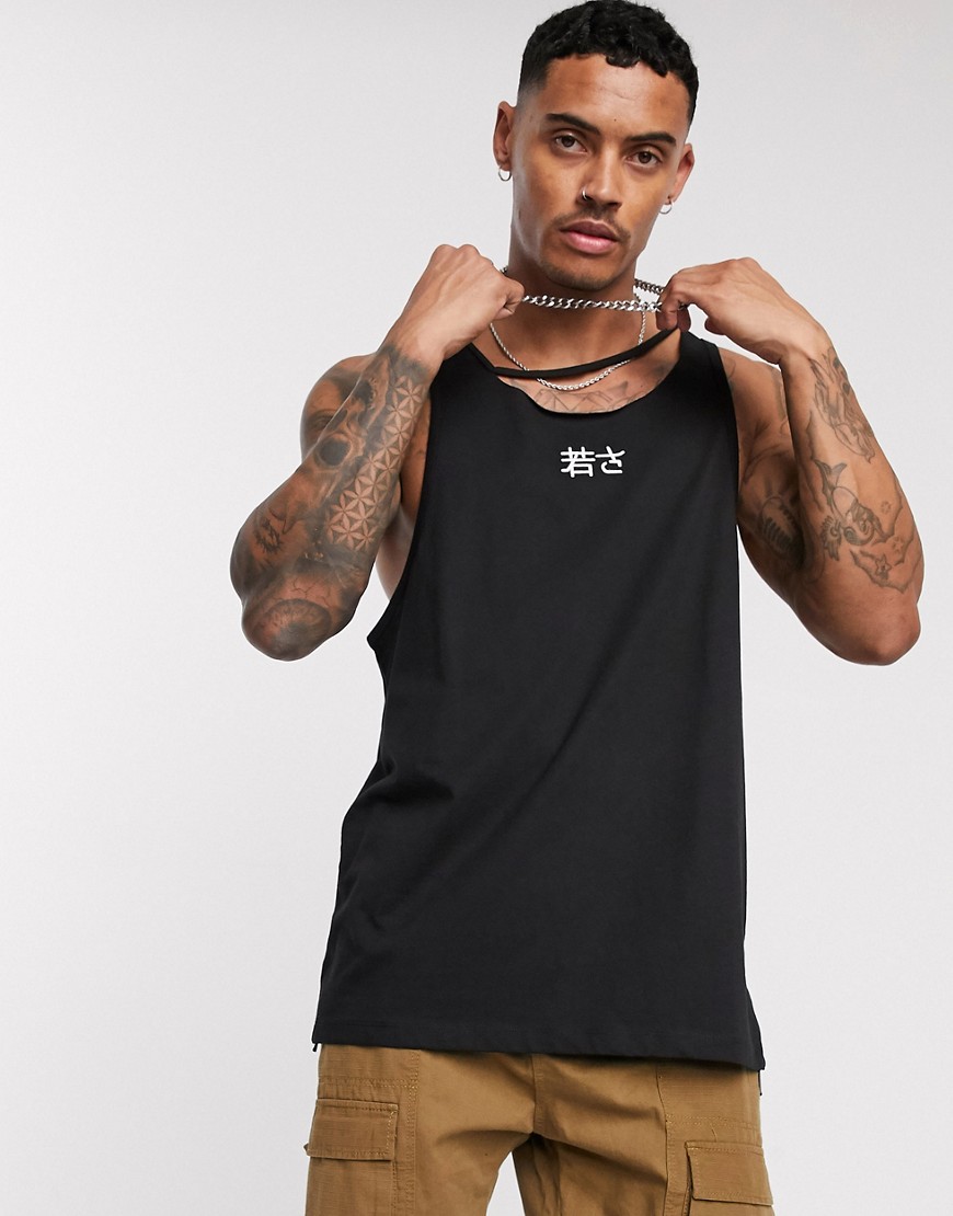 ASOS DESIGN relaxed sleevelss t-shirt with small chest print and disconnected neck-Black
