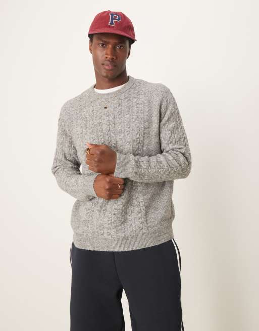 ASOS DESIGN relaxed slouchy crew neck cable knit jumper in grey marl ASOS