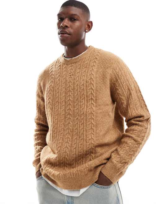 ASOS DESIGN relaxed slouchy crew neck cable knit jumper in tan | ASOS