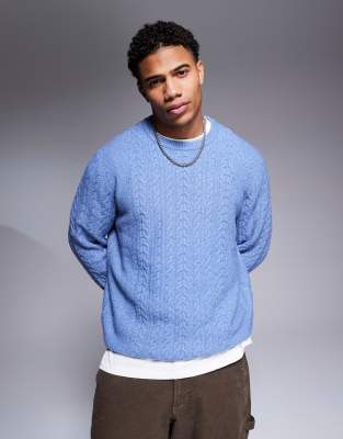 relaxed slouchy crew neck cable knit sweater in blue-Green