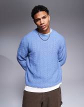 ASOS DESIGN relaxed slouchy crew neck cable knit sweater in navy