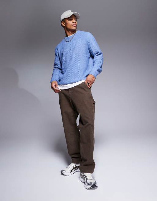 ASOS DESIGN relaxed slouchy crew neck cable knit sweater in blue