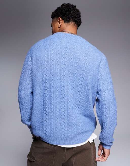 ASOS DESIGN relaxed slouchy crew neck cable knit sweater in blue