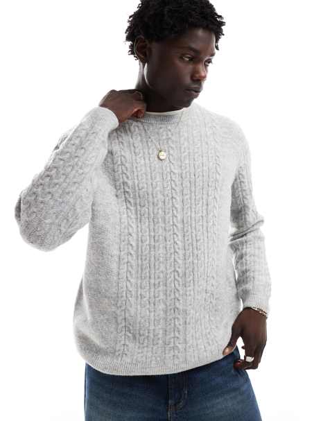 ASOS DESIGN relaxed slouchy crew neck cable knit sweater in heather gray - view 1