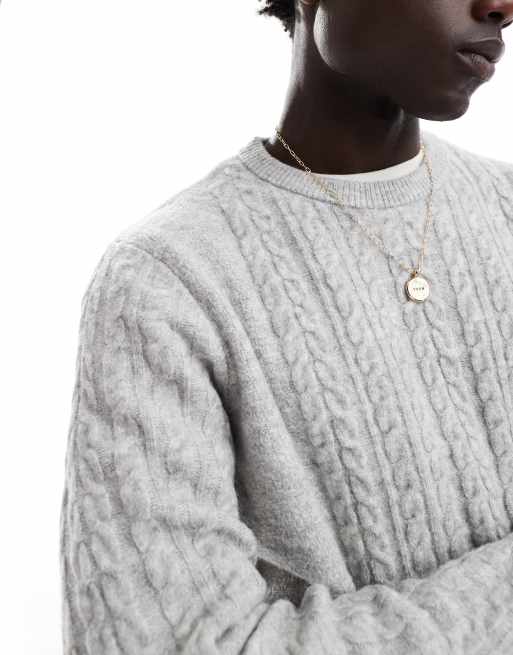 ASOS DESIGN relaxed slouchy crew neck cable knit sweater in gray heather
