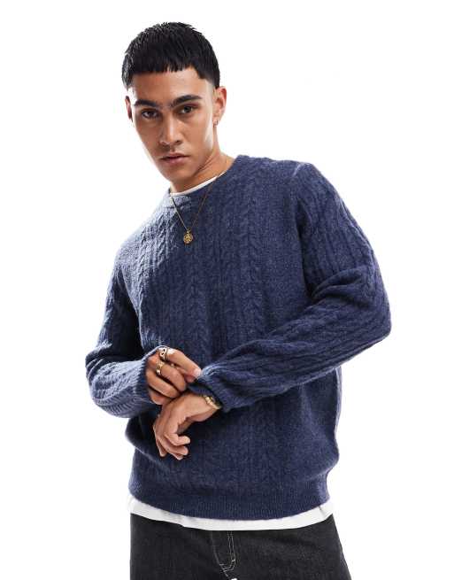 ASOS DESIGN relaxed slouchy crew neck cable knit sweater in navy