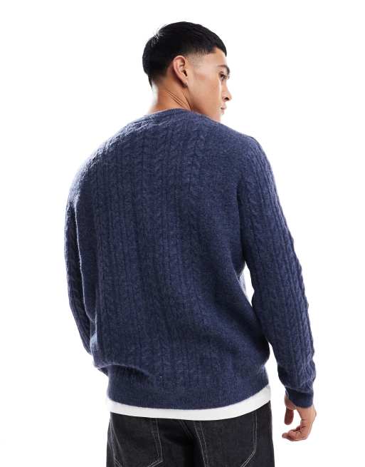 ASOS DESIGN relaxed slouchy crew neck cable knit sweater in navy