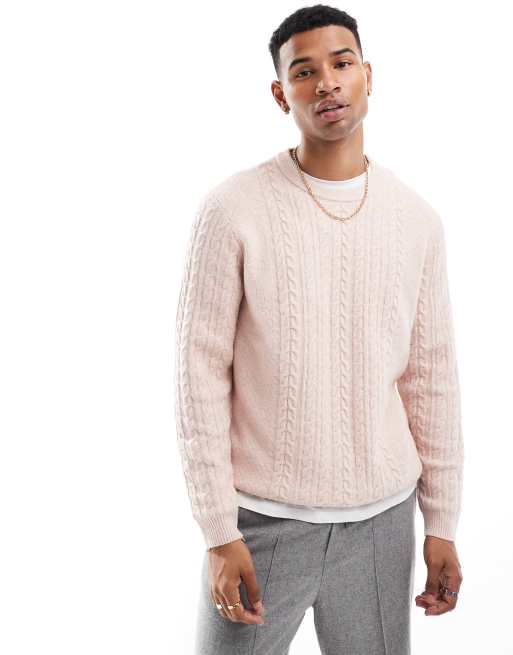 ASOS Design Relaxed Slouchy Crew Neck Cable Knit Sweater in Pink