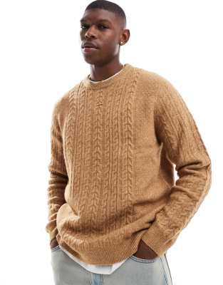 Asos Design Relaxed Slouchy Crew Neck Cable Knit Sweater In Tan-blue