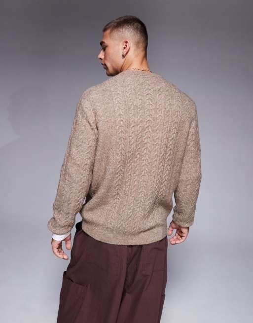 ASOS DESIGN relaxed slouchy crew neck cable knit sweater in stone