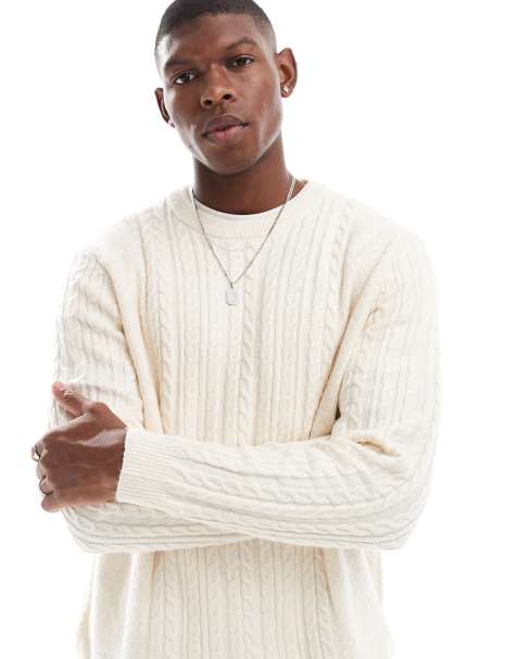 ASOS DESIGN relaxed slouchy crew neck cable knitted jumper in white - view 1