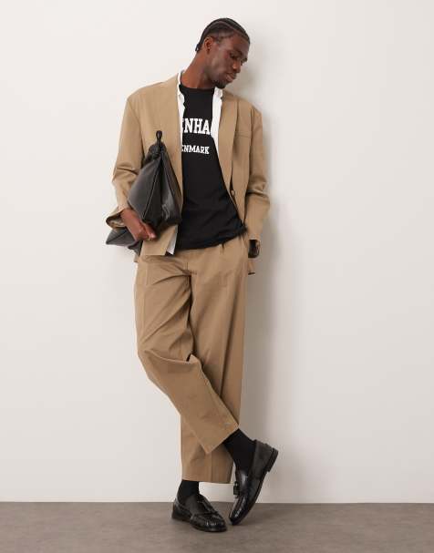 ASOS DESIGN relaxed slouchy double breasted suit in khaki paper touch fabric - view 1