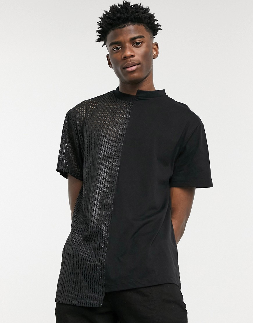 ASOS DESIGN relaxed spliced T-shirt in black faux leather