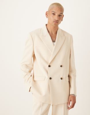 Asos Design Relaxed Square Shoulder Double Breasted Suit Jacket With Cotton In White