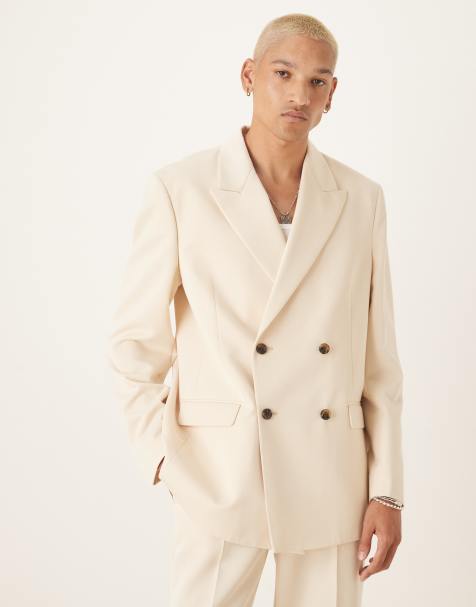 ASOS DESIGN relaxed square shoulder double breasted suit jacket with cotton in ecru - view 1
