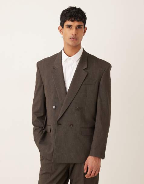 ASOS DESIGN relaxed square shoulder suit jacket in brown subtle stripe - view 1