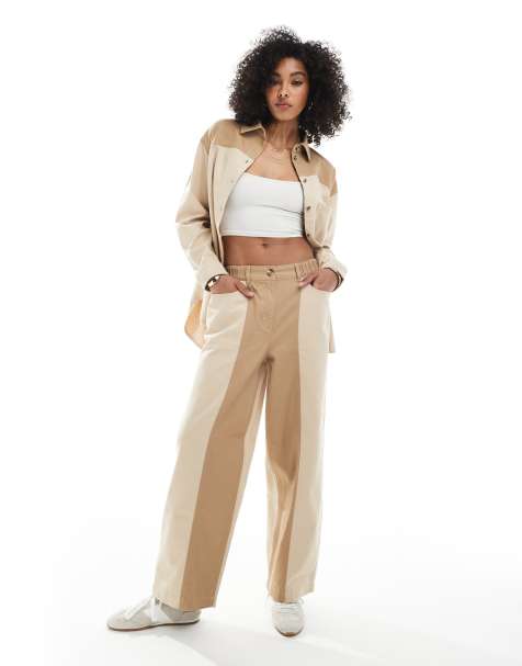 ASOS DESIGN relaxed straight leg laundered colour block pull on trousers in brown - view 1