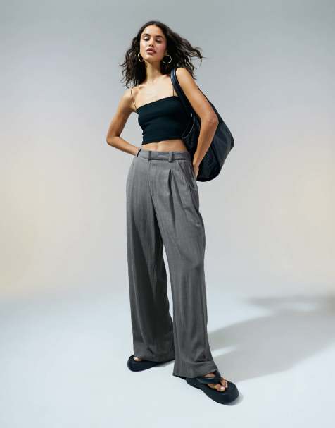 ASOS DESIGN relaxed straight leg linen blend pants in gray - view 1