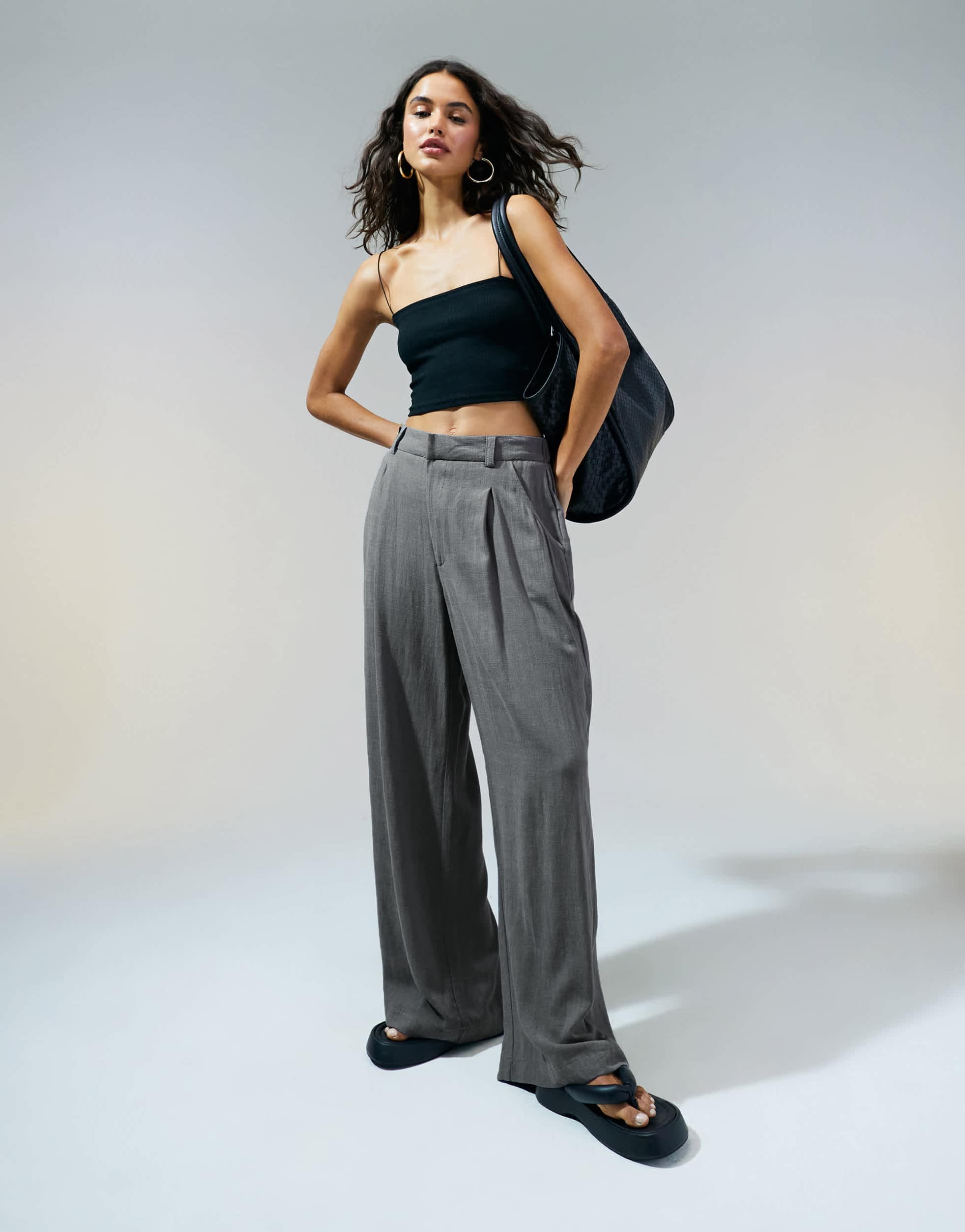 asos design relaxed straight leg linen blend pants in gray