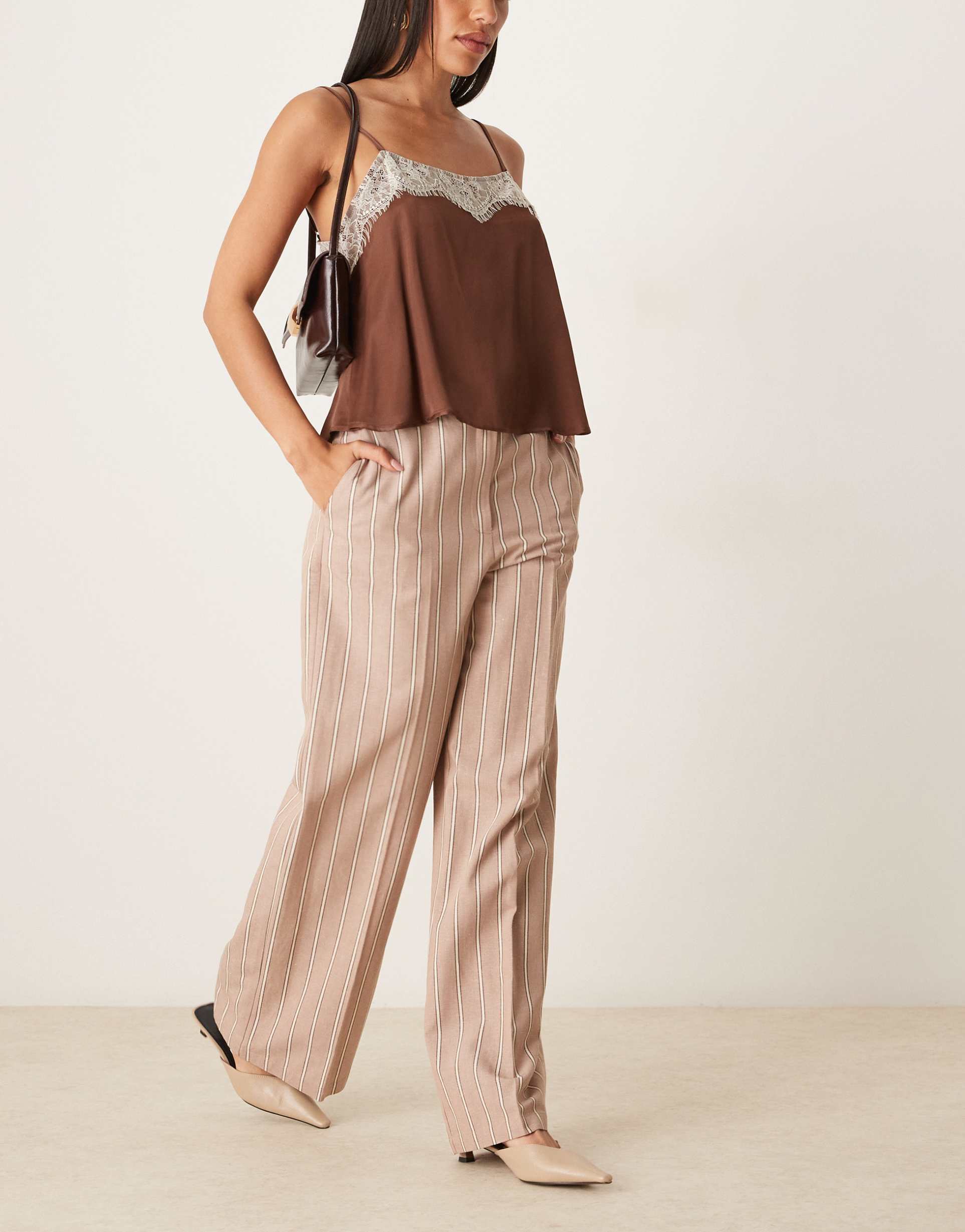 asos design relaxed straight leg linen look pants in mink stripes
