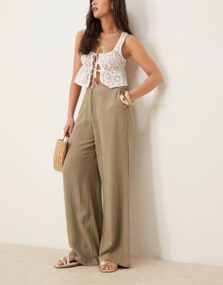 relaxed straight leg linen mix pants in khaki-Green