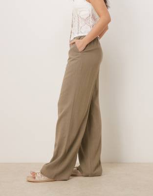 ASOS DESIGN - Pantalon droit décontracté en lin mélangé - Kaki