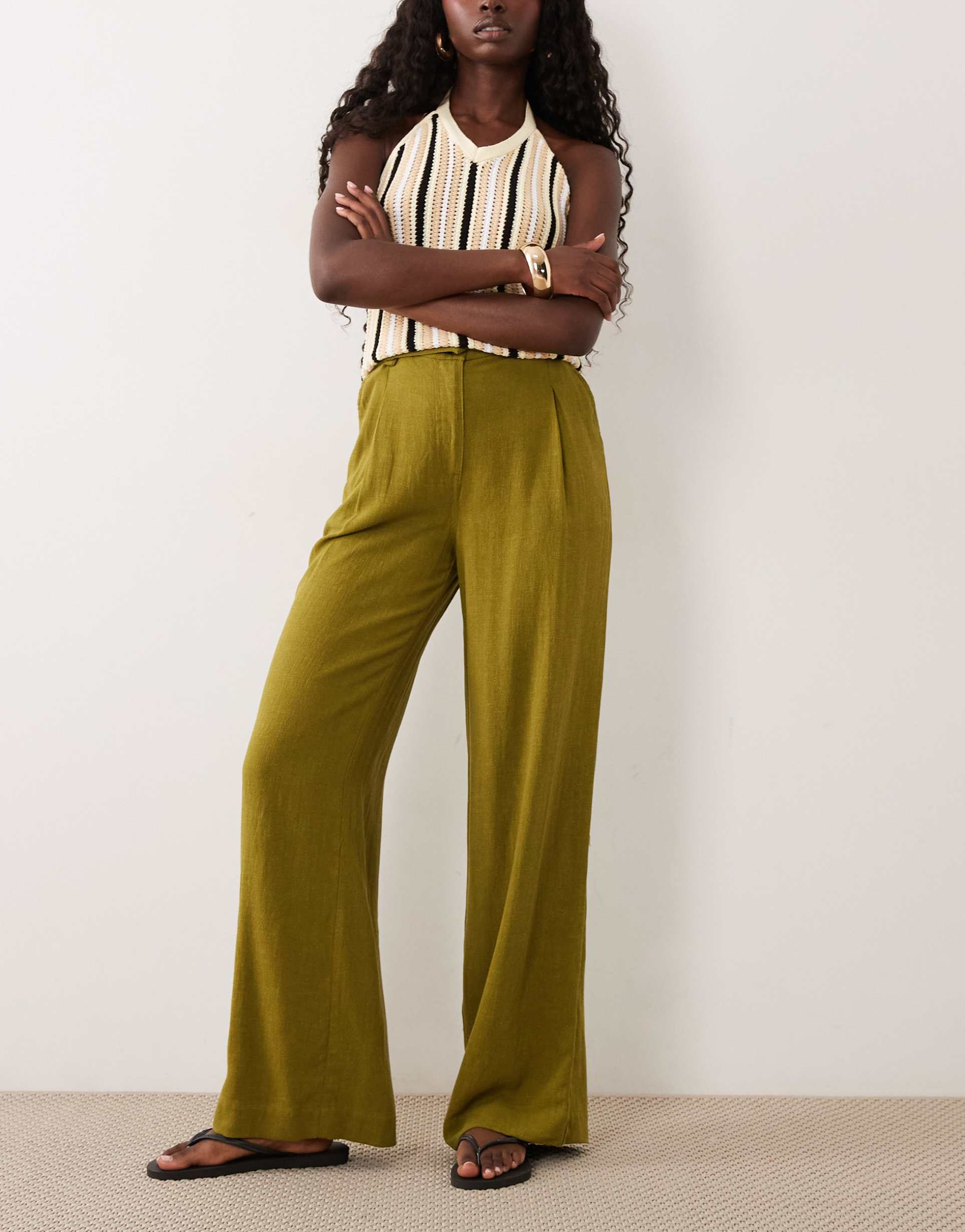 asos design relaxed straight leg pants with linen in green