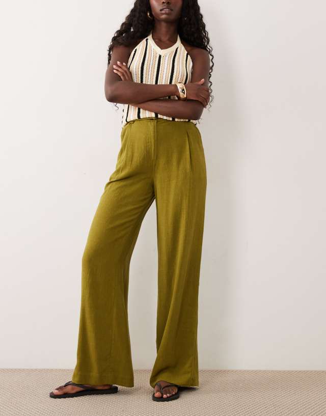 ASOS DESIGN relaxed straight leg pants with linen in green