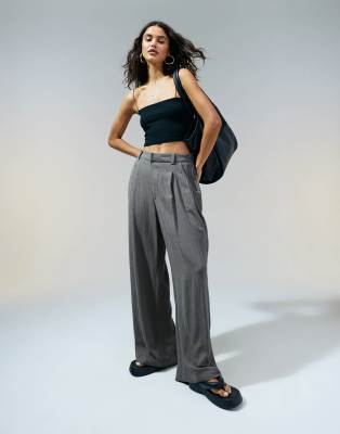 [ASOS DESIGN] ASOS DESIGN relaxed straight leg pants with linen in grey 6 Grey