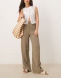 [ASOS DESIGN] ASOS DESIGN relaxed straight leg pants with linen in khaki-Green 18 Khaki