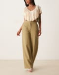 [ASOS DESIGN] ASOS DESIGN relaxed straight leg pants with linen in khaki-Green 16 khaki