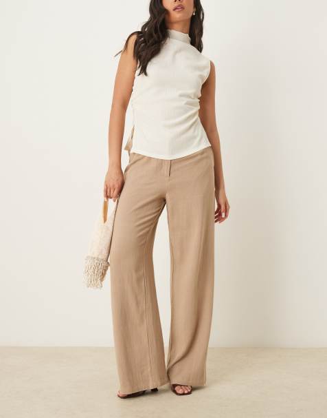 ASOS DESIGN relaxed straight leg pants with linen in mocha - view 1