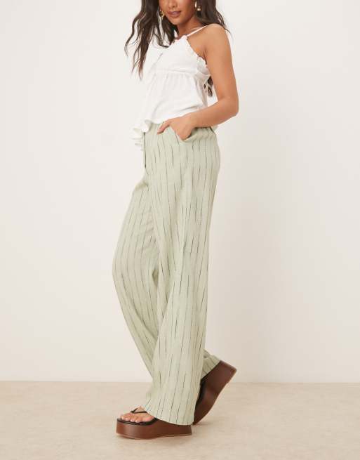 ASOS DESIGN relaxed straight leg pants with linen in sage squiggle stripe