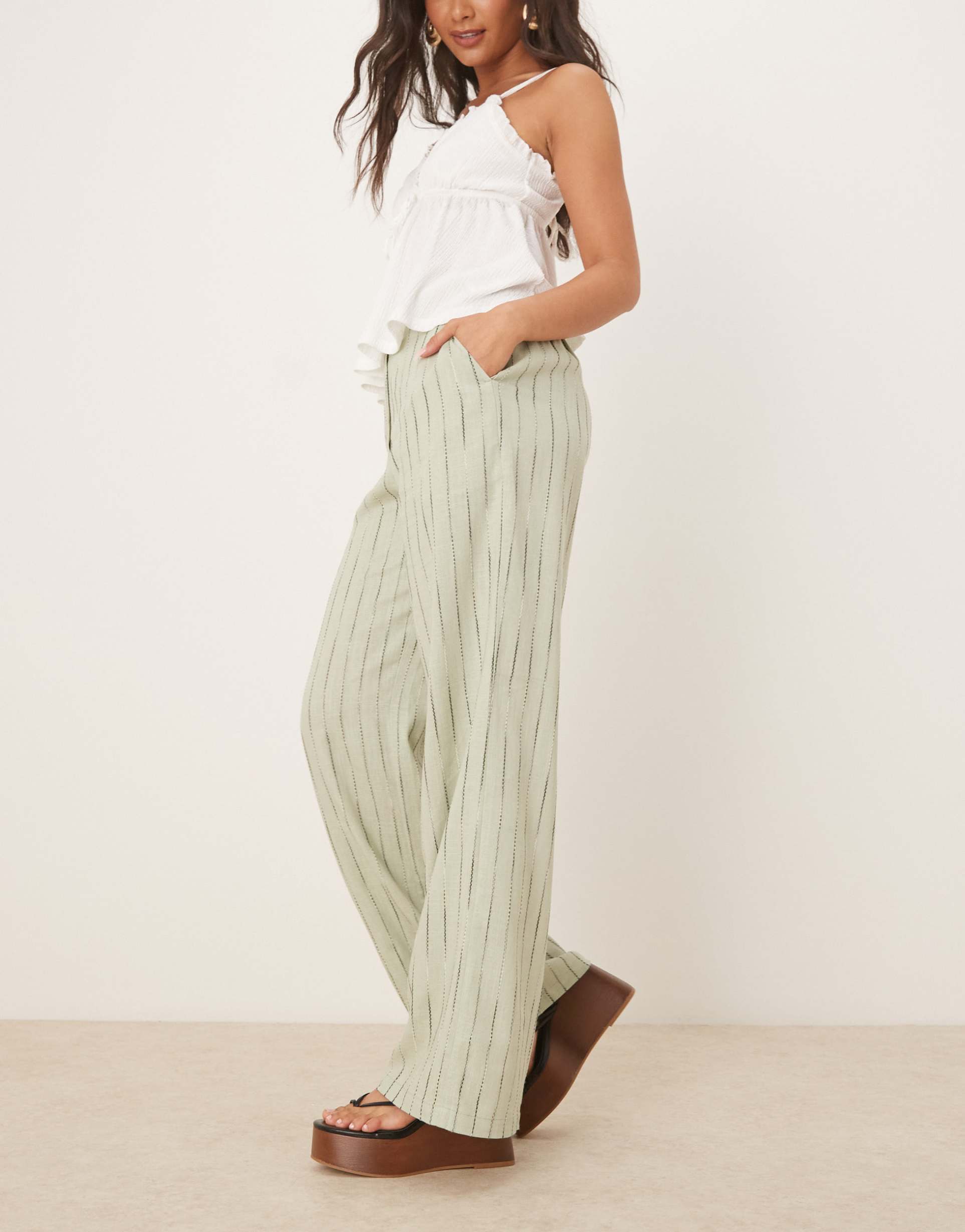 asos design relaxed straight leg pants with linen in sage squiggle stripe