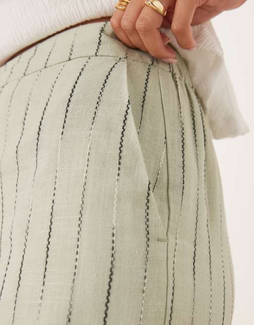 ASOS DESIGN relaxed straight leg pants with linen in sage squiggle stripe