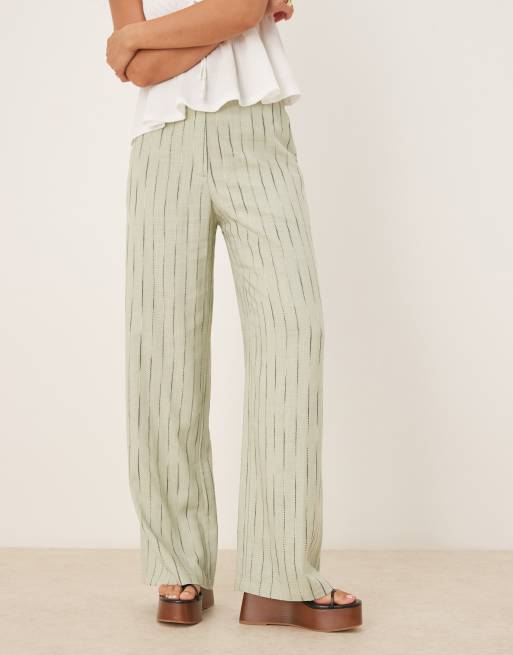 ASOS DESIGN relaxed straight leg pants with linen in sage squiggle stripe