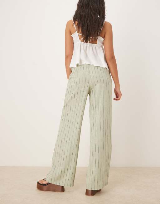 ASOS DESIGN relaxed straight leg pants with linen in sage squiggle stripe