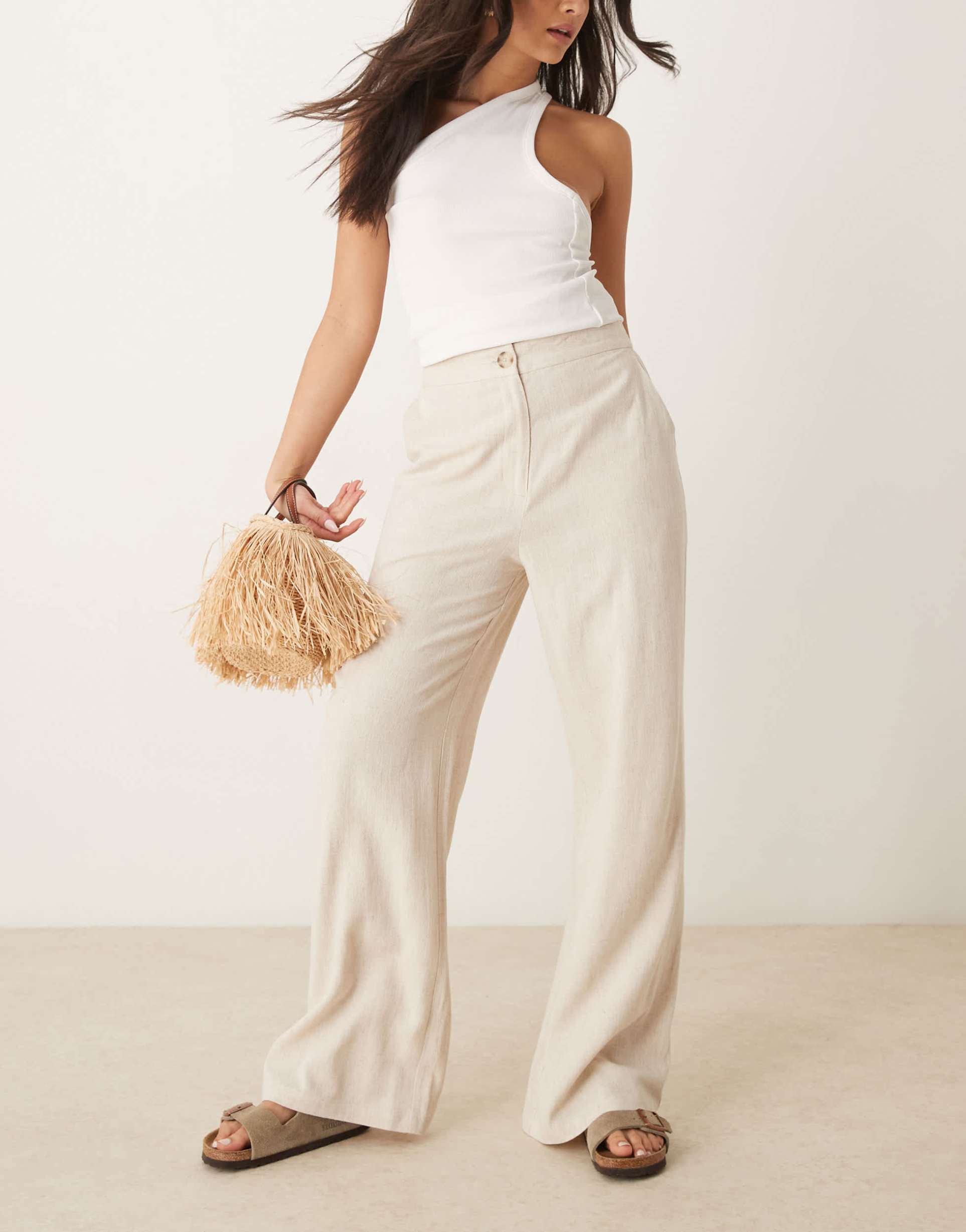 asos design relaxed straight leg pants with linen in stone