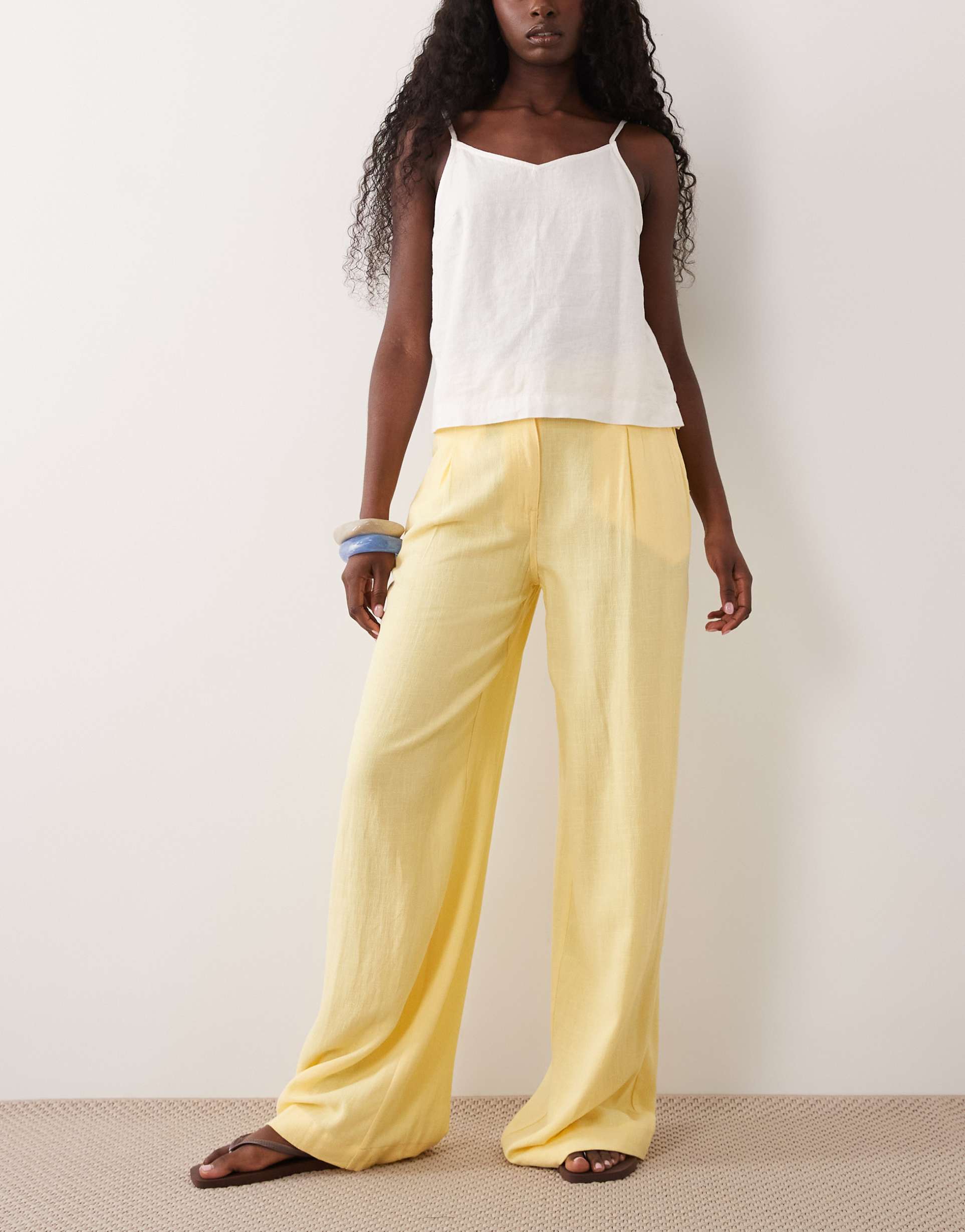 asos design relaxed straight leg pants with linen in yellow