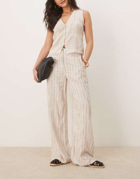ASOS DESIGN relaxed straight leg trousers with linen in natural squiggle stripe - view 1