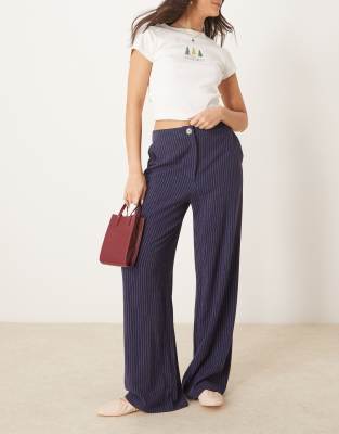 asos ASOS DESIGN relaxed straight leg trousers with linen in navy stripe
