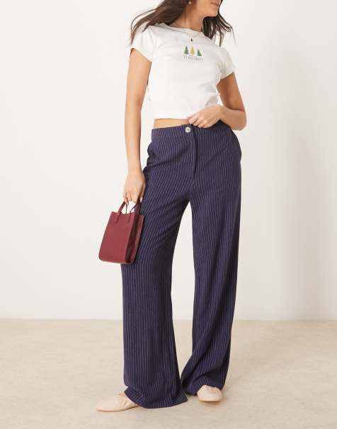 ASOS DESIGN relaxed straight leg trousers with linen in navy stripe - view 1