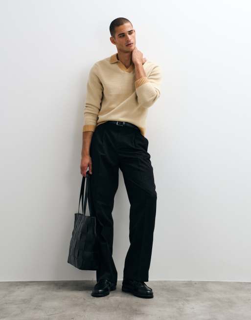 ASOS DESIGN relaxed strikket trøje med notch-hals og lange ærmer i beige og tan, 2 af 5